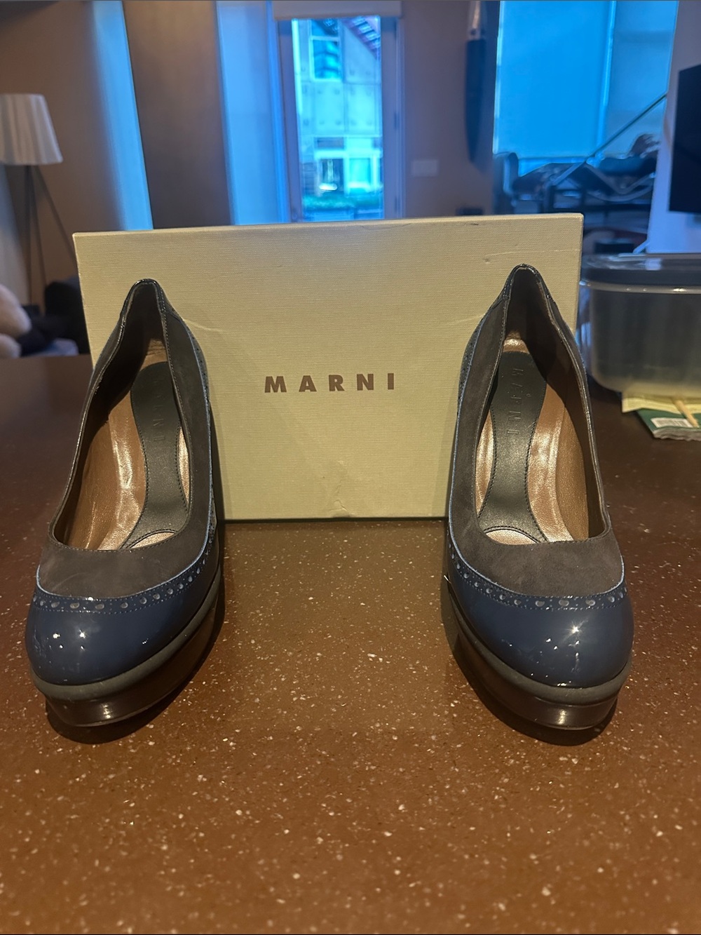 Marni Navy Patent & Suede Platform Pumps